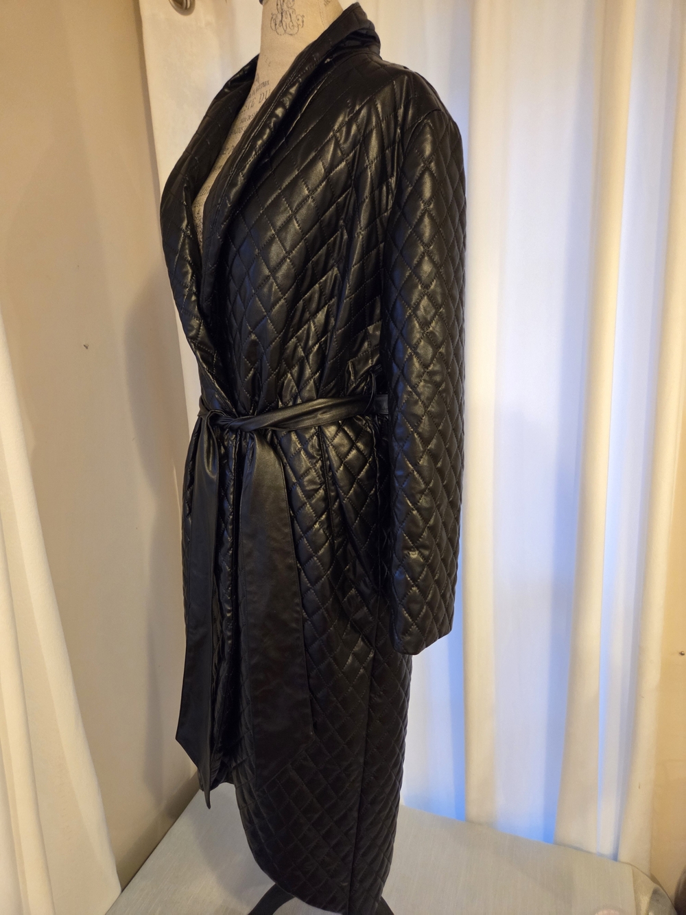 SHEIN Black Quilted Long Trench Coat with Self-Tie Belt
